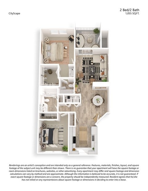 Floor plan for 2 beds, 2 baths, 1055 sqft